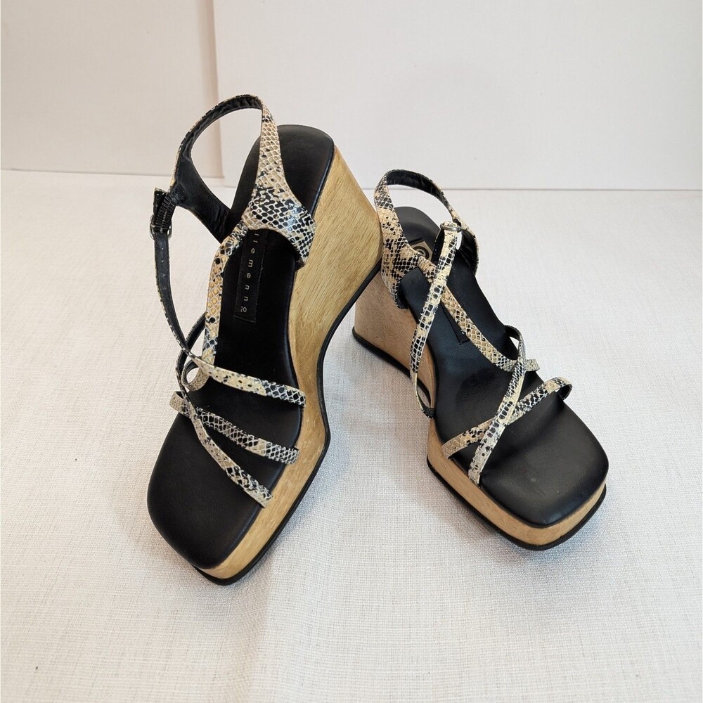Ellemenno Chunky Wood Wedge Platform Strappy Snakeskin Heels Womens Size 7.5 Y2K
